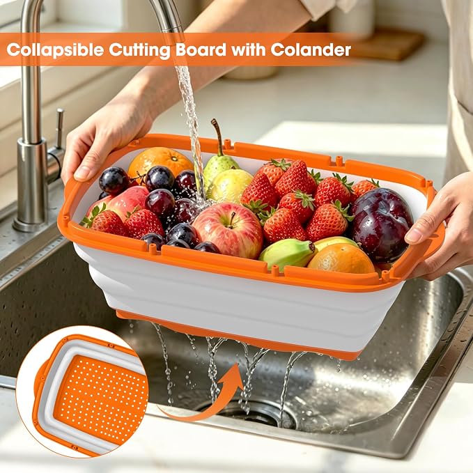 Gintan Camping Cutting Board, 9-in-1 Collapsible Chopping Board with Colander, Kitchen Vegetable Washing Basket for Camping, Camping Gifts Camping Accessories for RV Campers (orange) - Image 4