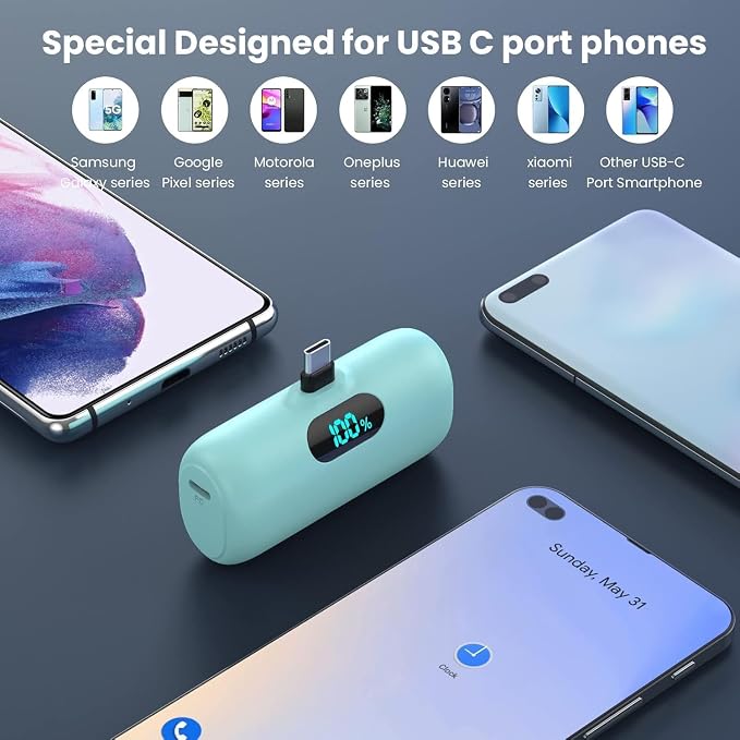 Mini Portable Charger USB C Power Bank,5000mAh PD Fast Charging Battery Pack Built-in USB-C Connector Travel Essential for iPhone17/Pro/17Pro Max/16e/Air/16 Plus/16Pro Max/15 All Series,Android Green - Image 6