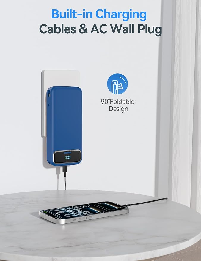 aonidi Portable Charger 20000mAh with Built-in Cables&AC Wall Plug, Navy | PD20W Fast Charging,Travel Essential,TSA Approved,LED Display,All in One USB C Power Bank for All Cell Phones Devices - Image 4