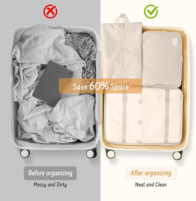 9 Set Packing Cubes for Travel Essentials - Lightweight Carry-On Luggage Organizer Bags with Shoe, Clothes & Laundry Bags for Airplane, Family & Business Travel, Beige - Image 8