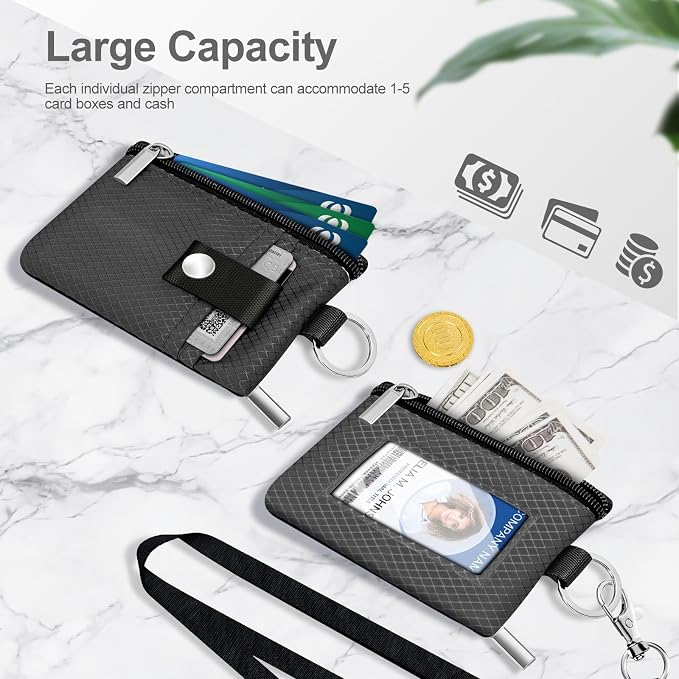 Minimalist RFID Blocking Small Wallet with ID Window,WaterResistant Zip Id Case Wallet with Lanyard Keychain for Cards,Cash,Travel,Women,Men (DarkGrey) - Image 7