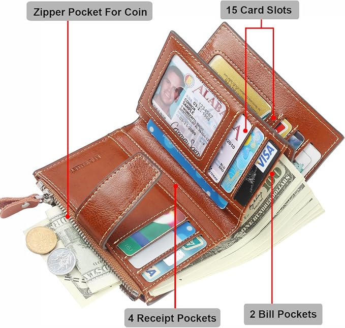 Small Compact Women Wallet RFID Blocking Genuine Leather Bifold Purse with ID Windows - Image 4