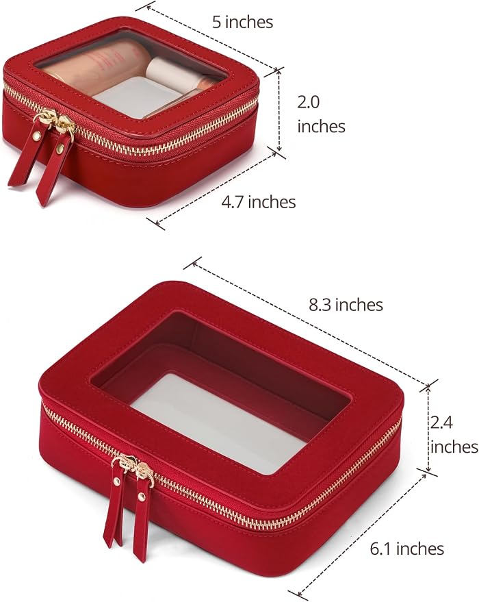 Clear Makeup Bag with Zipper, Set of 2, Mini and Medium, Red | Clear Travel Bags for Toiletries, Structured Cosmetic Case for Women, Waterproof PU Leather, Wide Open Portable Car Organier - Image 2
