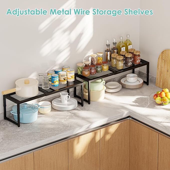 2 Pack Expandable Kitchen Cabinet Shelf Organizer, 15.5"-25.5" Long Adjustable Storage Shelves Organizers for Kitchen Countertop Pantry Cupboard Table Desk Counter, Stackable, 30LBS Load Capacity - Image 8