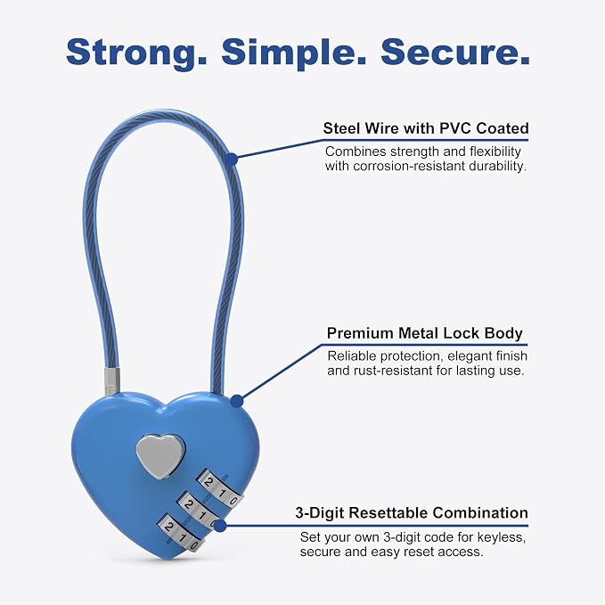 3 Digit Combination Lock, Combo Cable Lock with Code, Small Padlock Combination with Cable, for Luggage, Suitcase, Gym Locker, Backpack Bag Zipper, Cabinet, Mailbox, Outdoor Fence Gate - Image 4