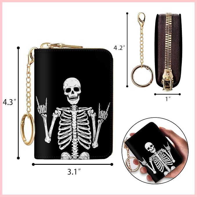 Blusabaca RFID Credit Card Holder Small Women Travel Wallet, Skull Skeleton | Removable Keychain, Case with Zipper, Vegan PU Leather, Cash Coin Pocket, Business Accordion Purse, Ladies Female Gift - Image 3