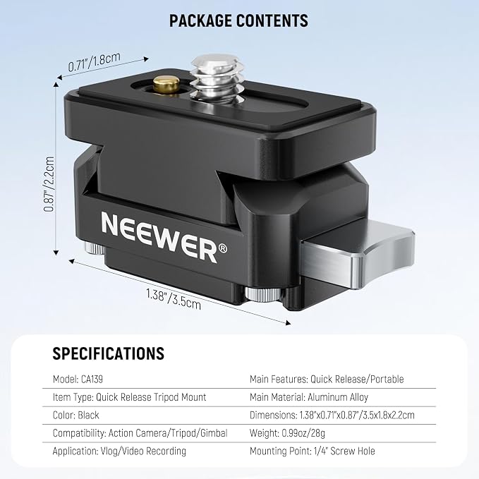 NEEWER Action Camera Quick Release Plate Compatible with Insta 360 x4 x5, Aluminum Tripod Mount QR Adapter Accessories Kit with 1/4" Thread Hole for Filmmaking Video Recording, CA139 - Image 7