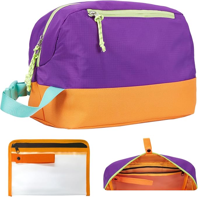 Waterproof Makeup Bag For Women Girls Men,Two-Tone Colorblock Travel Toiletry Bag With Wet Pocket & Removable Transparent Bag, 8L Large Capacity Lightweight Vacation Essentials (Purple+Orange) by Janhavi