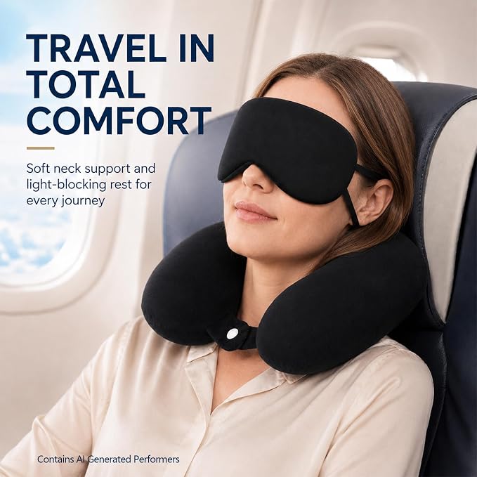 RAINFLOW Travel Neck Pillow Set - Black Memory Foam Cushion with Eye Mask | Airplane Pillow with Removable Washable Cover for Long Flights, Plane Sleeping, Neck Support and Travel Essentials - Image 4