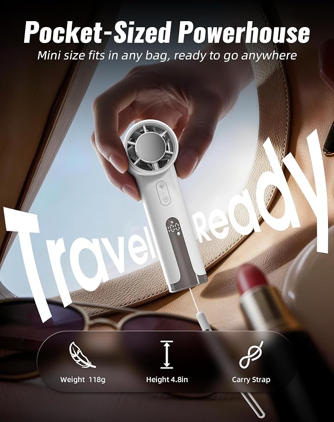 Portable Handheld Fan, Turbo Power 18800 RPM Fast Charge Digital Display 100 Speeds Adjustable, Mini Pocket Design Birthday Gifts for Women Men Travel Cruise Camping Outdoor, Cream - Image 3