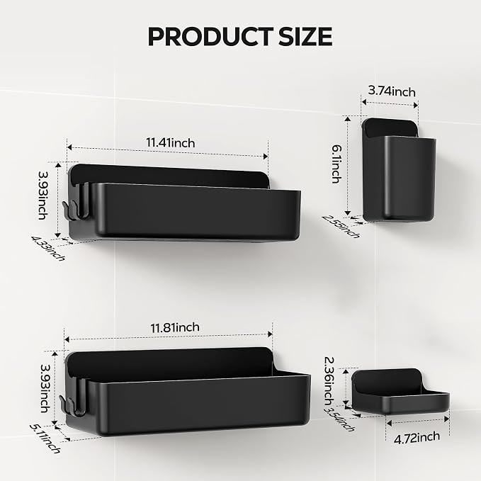 Nieifi Adhesive Shower Shelves, Black, 4 Pieces | Rustproof ABS, Large Capacity, Removable Design, Easy-Clean, No Drilling Shower Organizer for Bathroom Storage & Home Decor - Image 2