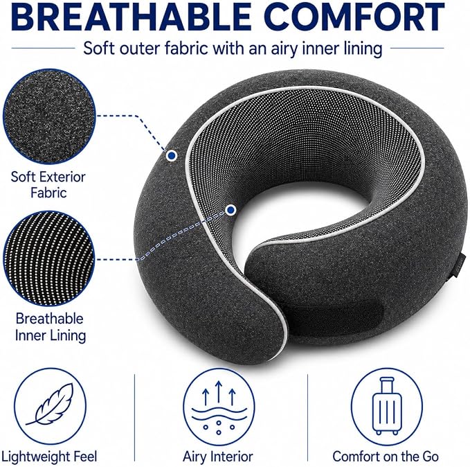 Travel Neck Pillow for Airplanes, Pure Memory Foam Neck Pillow with Washable Cover and Storage Bag, Ergonomic 360° Support for Sleeping, Car, Office, Home, Black - Image 6
