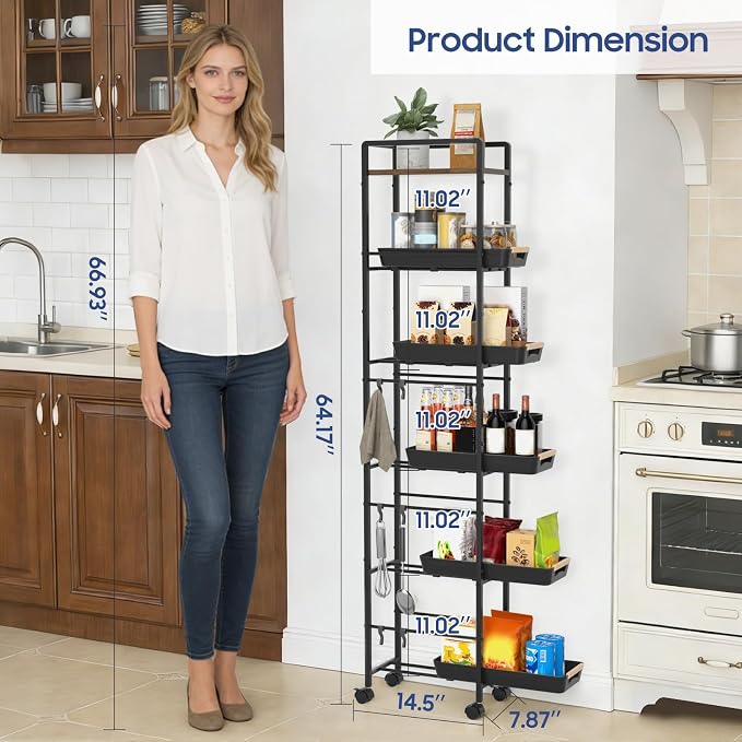 6 Tier Slim Storage Cart with Pull-Out Baskets Rolling Cart with Wheels Wood Top Narrow Utility Cart Metal Shelving Units for Pantry Laundry Room Bathroom Kitchen Black 8in(W) - Image 5