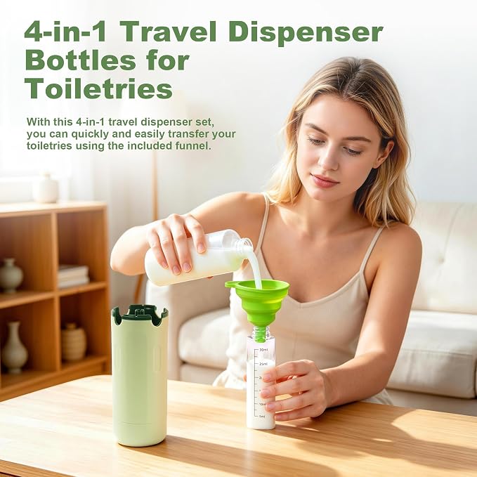 4-in-1 Travel Dispenser, 4 Pack 30ML Travel Bottles with Stickers for Toiletries – TSA Approved Leak Proof Refillable Containers for Shampoo, Conditioner, Creams, Lotions (Green) - Image 2