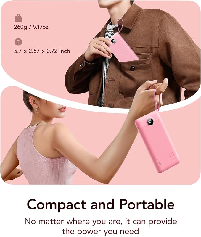 VRURC Portable Phone Charger, Built-in 4 Cables USB C Power Bank 10000mAh | Slim Power Bank for Travel,5 Output 2 Inpput Charging Bank,Multi Devices Battery Pack for iPhone,Android-Barbie Pink(1 Pack) - Image 2