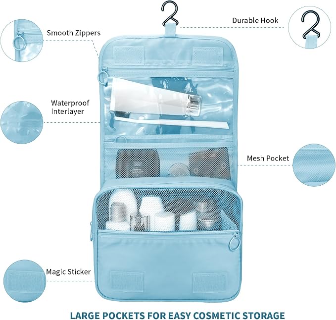 Lcsmaokin Large Capacity Toiletry Bag Travel Bag with Hanging Hook for Men and Women Waterproof Travel Cosmetic Bag Bathroom Storage Bag for Brushes Set, Full-Sized Shampoo,Accessories(Baby Blue) - Image 3