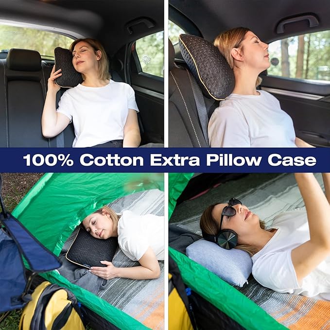 alkamto Travel & Camping Comfortable Memory Foam Pillow – Easy to Carry Portable Bag – Temperature Regulating Pillow Case (Black + Extra Cover) - Image 2