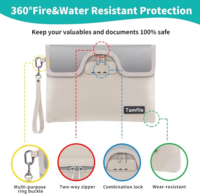 5200°F Fireproof Money Bag with Lock, Water Fireproof Document Bag with Zipper, 8 Layers Fire Insulation, Small Fireproof Safe Storage Pouch with Lock for Cash, Passport, (8.3" x 11", Beige - Image 7