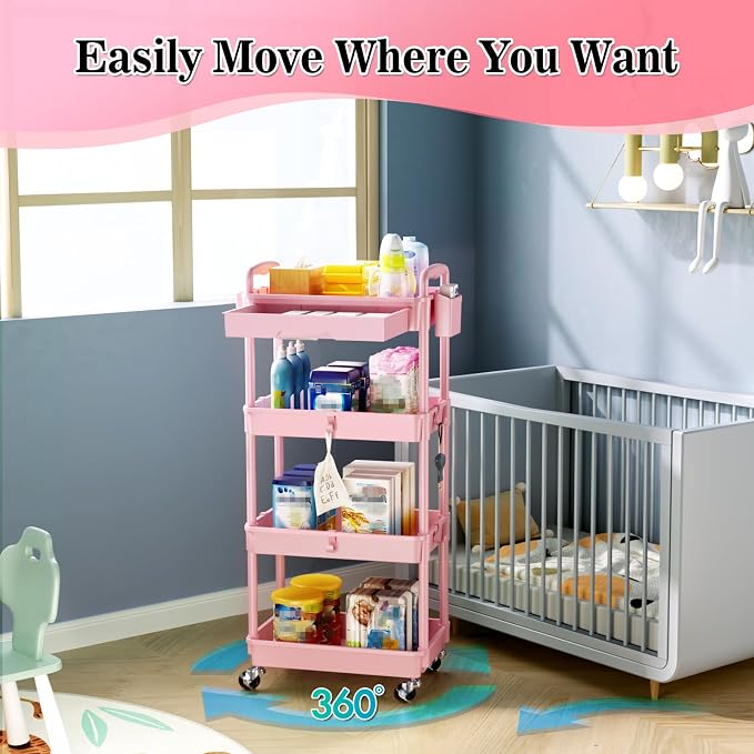 SUNALLY 4 Tier Rolling Cart with Drawer, Craft Storage Cart Organizer, Pink | Bathroom Storage Organizer with 2 Lockable Wheels, Rolling Utility Cart for Kitchen, Office, Baby, Makeup, Nail,Snack,Laundry - Image 4