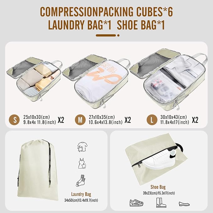 8 Set Compression Packing Cubes for Travel, Expandable Luggage Organizer with Shoe Bag & Laundry Bag - Lightweight Suitcase & Backpack Travel Essentials (Beige) - Image 2