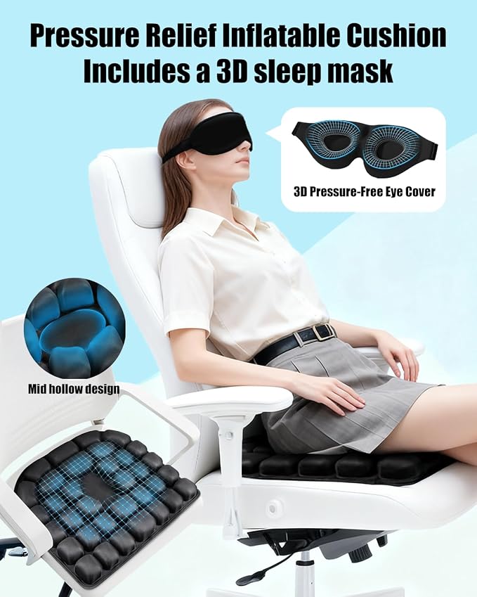 Inflatable Seat Cushion for Travel, 2" Thick Airplane Seat Cushion for Long Flights with Hand Pump & Included Eye Mask, Portable Air Chair Pad for Office, Car, Stadium & Wheelchair, 18.7"x17" - Image 3
