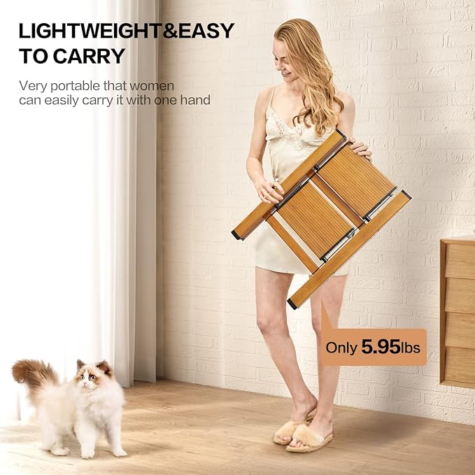 2 Step Ladder, Folding Step Stool with Anti-Slip Wide Pedal | Lightweight, Aluminum Material, 330LBS Load, Portable, Easy Storage, Space Saving, for Kitchen, Bedroom Use, Woodgrain - Image 6