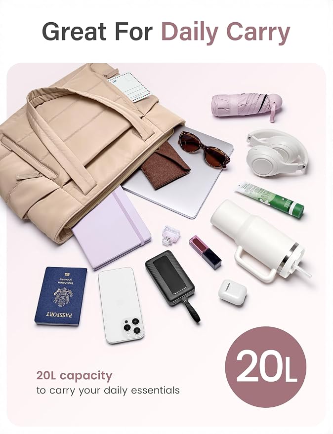Uselike Tote Bag for Women with Zipper, Quilted Puffer Tote Bag with Compartments, Lightweight Puffy Work Bags for Women - Image 3