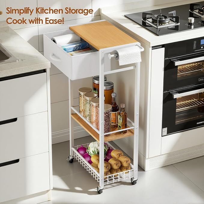 Lewondr 3-Tier Slim Storage Cart with Drawer, Rolling Utility Cart, White | Handle & Lockable Wheels, with Wood Top, Metal Frame, Kitchen Bathroom Laundry Room Organizer for Small Spaces - Image 5