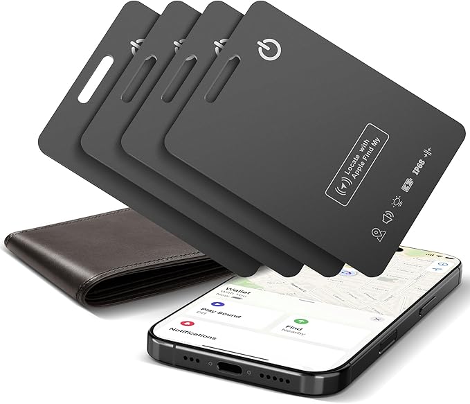 4-Pack Wallet Tracker Cards, Works with Apple Find My | 1.6mm thin, Qi rechargeable, 5-month battery, IP68 waterproof, Left-Behind Alerts, iPhone & iPad compatible by Unknown
