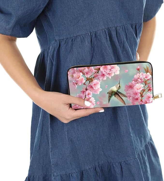 Women's RFID Blocking PU Leather Zip-Around Wallet, Large Capacity Clutch with Phone Holder, Travel Purse & Card Organizer with Removable Wristlet,Cherry Blossom Hummingbird - Image 6