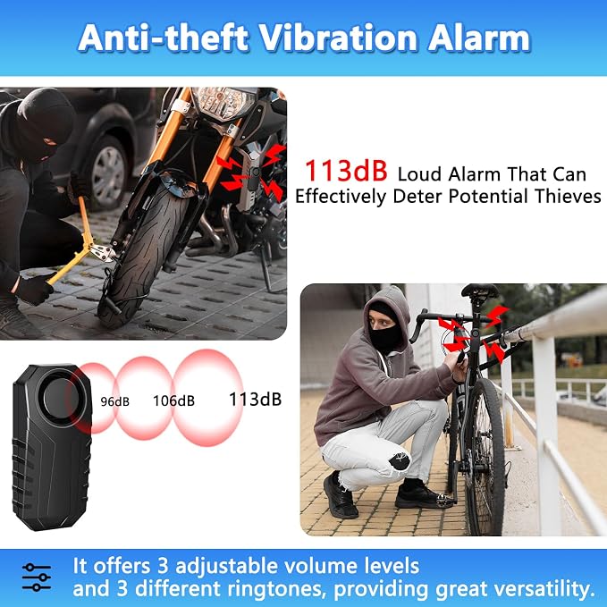 Wireless Bike Alarm with Blue Light Remote | 113dB Vibration Motion Sensor Alarm,IP65 Waterproof,7-Level Sensitivity,SOS Alert,for Bicycle,Motorcycle,Scooter - Image 2