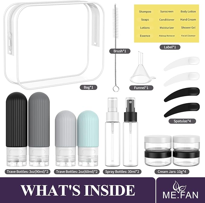 ME.FAN Travel Bottles for Toiletries,18 Pack Silicone Portable Size Bottle, TSA Approved Refillable Cosmetic Container Kits for Conditioner, Shampoo, Lotion,Face Cream - Grey - Image 2