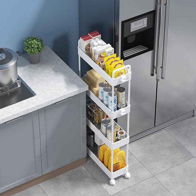 SOLEJAZZ Slim Rolling Storage Cart Skinny Bathroom Organizer, 4 Tier, White | Thin utility cart with wheels for bathroom, laundry room, bedside, kitchen, dorm, office, next to fridge, small narrow places - Image 3
