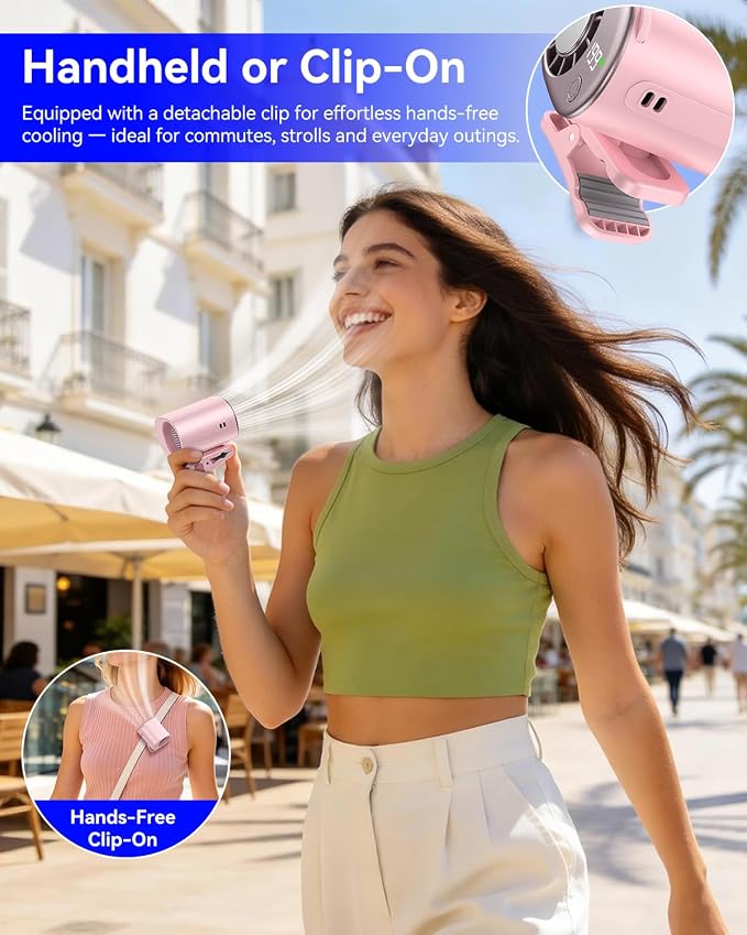 Clip-On Portable Fan with Ice Cooling, 20000 RPM Rechargeable Handheld Turbo Fan, 360° Rotating Detachable Clip, Mini Stroller Fan for Baby, Compact Travel Essentials, Summer Gifts for Women,Pink - Image 4