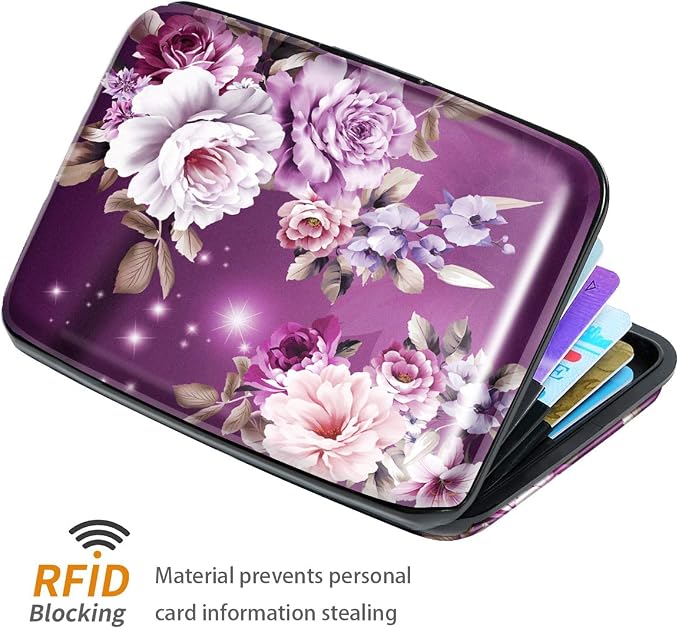 Credit Card Holder for Women,RFID Blocking Slim Hard Mini Flowers Card Case ID Case Travel Wallet Purple - Image 6