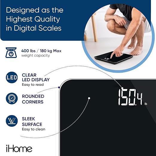 iHome Digital Scale, Bathroom Scale, Batteries Included, Scale Body Weight, Weight Scale, Bathroom Scales for Weight, Digital Scales for Body Weight (Black) - Image 6