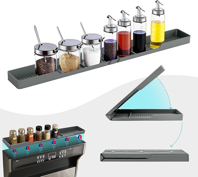 Silicone Over The Stove Shelf, 30 Inch Magnetic Stove Top Organizer - No Drill Space Saving Storage Rack for Spices & Kitchen Utensils, Perfect for Small Kitchen & Apartments (Grey) by TCULOSD