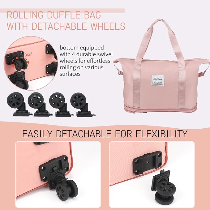 VOOWO Rolling Duffle Bag with Wheels, Expandable Foldable Duffle Bag for Travel, Rolling Under Seat Luggage Carry on Duffel Bags, Wheeled Travel Duffel Large Overnight Weekend Bags (Pink) - Image 5