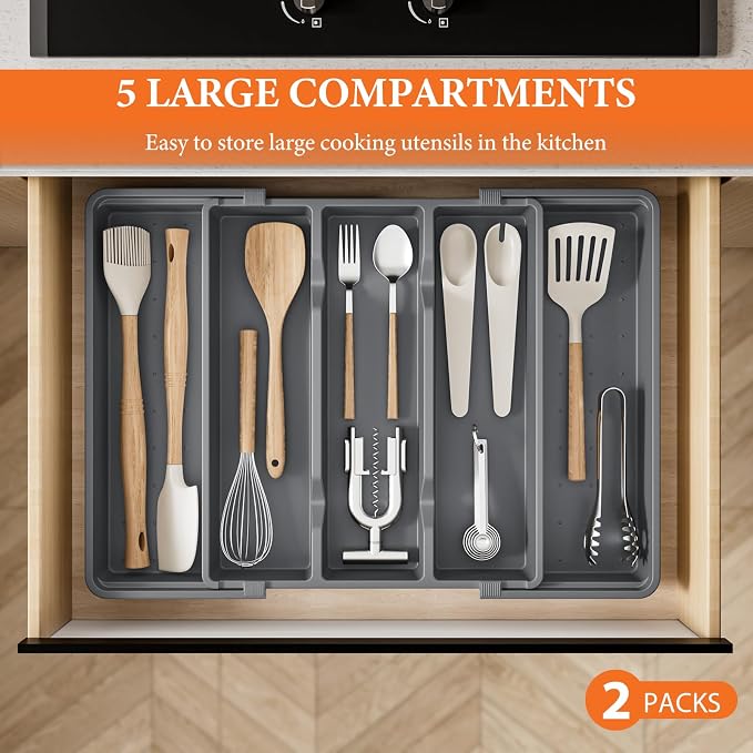 Large Expandable Silverware Drawer Organizer, Utensil Tray | Kitchen Drawer Organizer for Spoons/Forks/Knives, Multipurpose & BPA Free Cutlery Tray(2 Pack, Gray) - Image 3