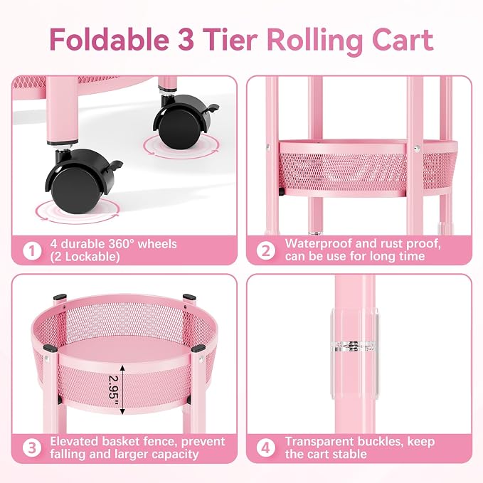 TOOLF 3 Tier Foldable Rolling Cart, Metal Utility Storage Cart, Pink | Assembly-Free, Lockable Wheels, Round Trolley Organizer for Bathroom, Kitchen, Office, Dorm, Laundry, Craft Room - Image 4
