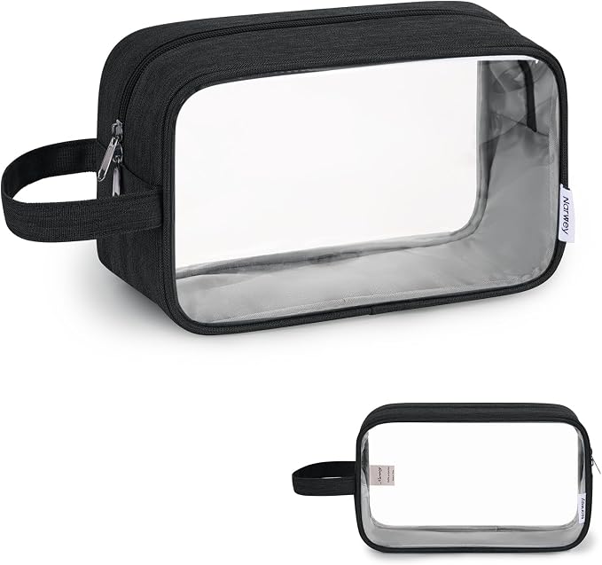 Narwey Clear Travel Toiletry Bags for Traveling Toiletries Men Women, Clear Makeup Bag Cosmetic Bag with Zipper, Make Up Pouch Organizer Bag with Handle, Skincare Beach Snack Medicine Bag, Black by Narwey