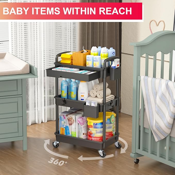 Goovilla 3 Tier Rolling Utility Cart Organizer with Removable Drawer, Black | Stable and Sturdy Rolling Storage Carts with 2 Lockable Wheels for Bathroom, Kitchen, Snack, Craft, Makeup, Baby Essentials - Image 6