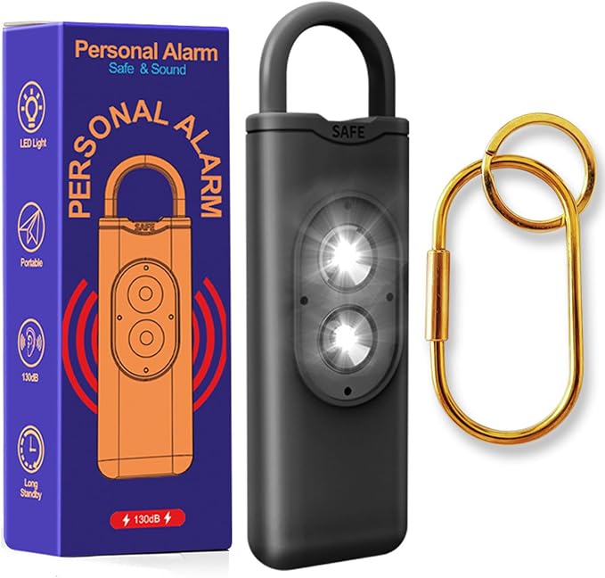Halo-Siren Keychain, HaloSiren Personal Safety Alarm - 130db Loud Alarm Keychain with LED Strobe Light, Compact Emergency Siren (Double Flashing Lights - Black + Copper Ring) by Unknown