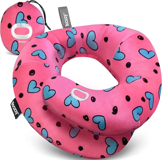 BCOZZY Kids Travel Neck Pillow (3-7 Y/O)- Patented Soft Toddler Pillow for Head & Chin Support in Car Seat, Airplane, and Road Trip Sleeping. Adjustable Size. Fully Washable. Carry Bag. Small, Hearts by BCOZZY