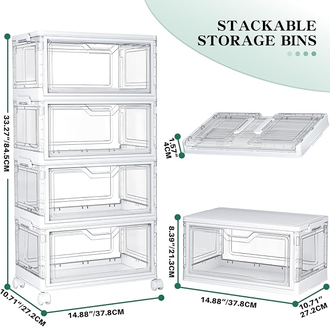 Kmiectse Clear Storage Bins with Lids - 4 Tier 23qt Plastic Stackable Bins | Closet Organizers Box for Bedroom, Living Room, 23 QT Folding Box with Magnetic door - Image 2