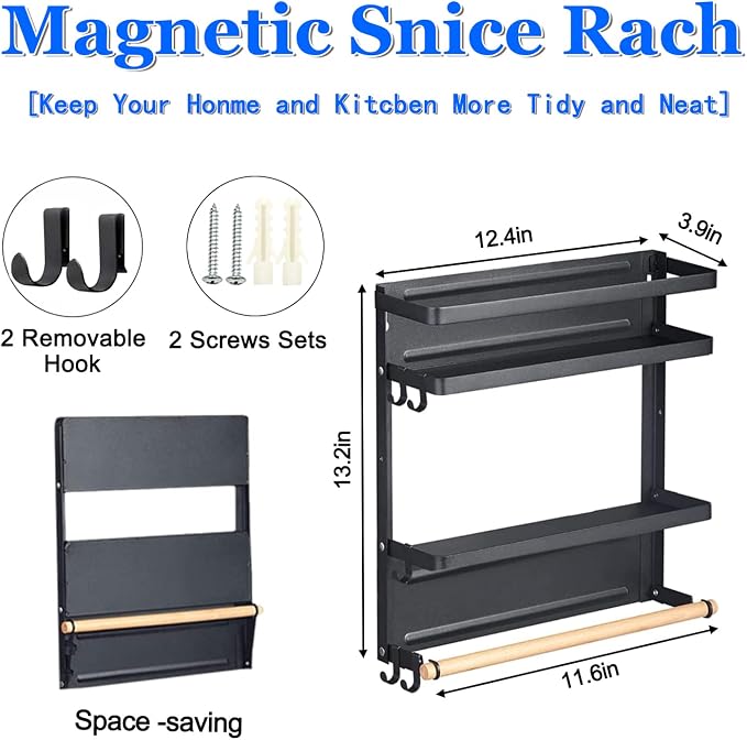 Magnetic Spice Rack for Refrigerator Magnetic Paper Towel Holder for Fridge Magnetic Shelf Magnetic Shelves Fridge Magnet Organizer Spice Rack Kitchen Organization Kitchen Storage Black - Image 7