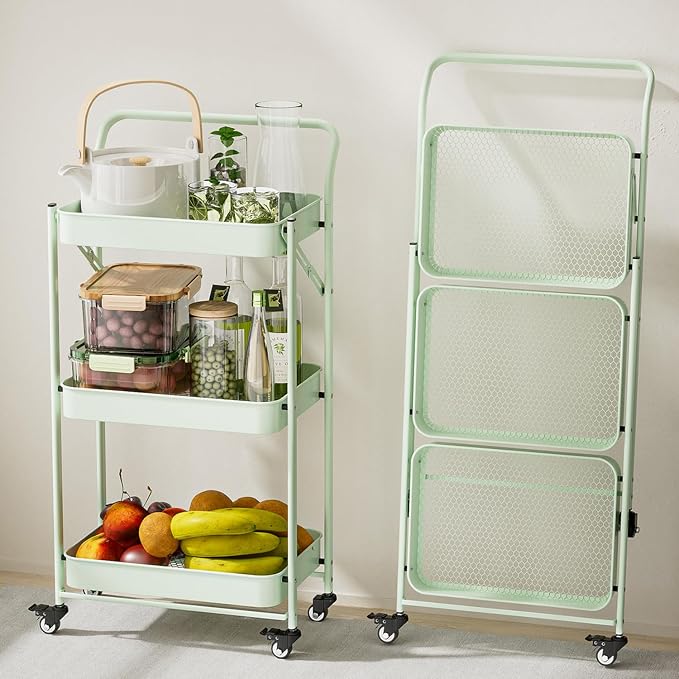 JAQ Foldable Rolling Cart, 3-Tier Metal Folding Storage Utility Carts Basket Rack Organizer with Handle on Wheels for Snacks Books Fruits for Kitchen Living Room Pantry Bathroom - (Green, 3-Layer) by JAQ-BuyNow