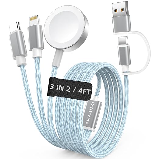 Travel Essentials,3 in 2 USB C Cable for Apple Watch Charger,iPhone Charger,Multi Charging Cable,Cruise Vacation Camping Essentials,Portable for iWatch Series 11-2/Ultra/SE & iPhone 17-12,Car,Blue by ChargeBeyondPowerWithin
