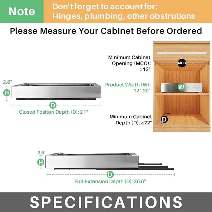 Pull out Cabinet Organizer, Stainless Steel Expandable(12"-20") Heavy Duty Slide out Drawers Fixed with Adhesive Nano Film for Pots, Roll out Shelf Storage for Kitchen Base(Silver-2pcs)(3 Rails) - Image 2