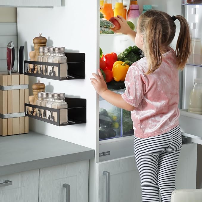 Beeveer 2 Pcs Magnetic Spice Rack for Refrigerator, Black Deer | Rustic Kitchen Spice Organizer, Christmas Kitchen Accessories, Farmhouse Decor, 2 Sizes Metal Storage Shelf for Fridge Spices - Image 2